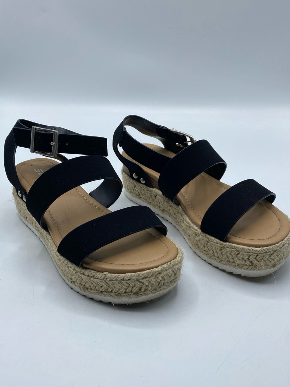 Espadrille Elevated Sandals Natural Woven Black Strap Summer Shoe 6 Soda